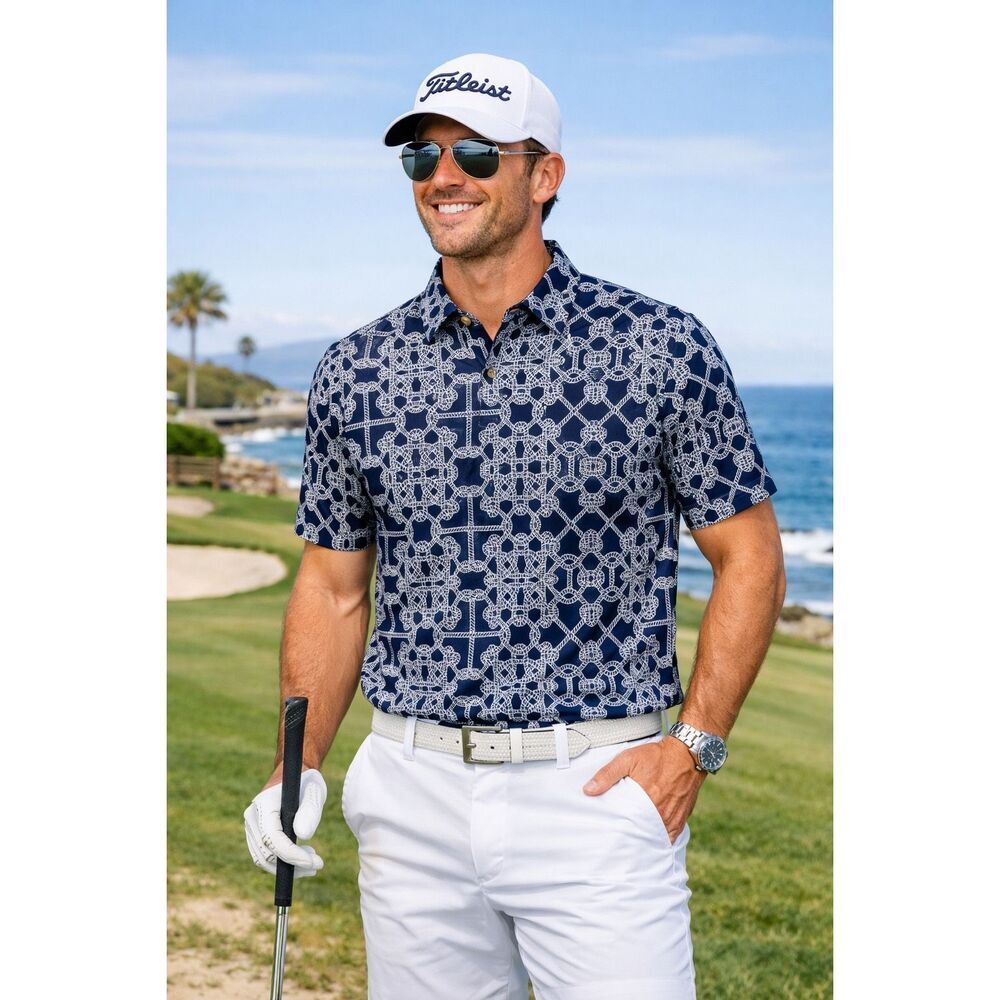 Jude Connally Men’s Navy Blue White Rope Print Short Sleeve Polo Shirt Medium